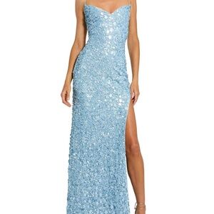 Embellished Spaghetti Strap V Neck Gown in Ice Blue